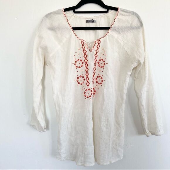 Earthbound Embroidered Gauze Ivory Red Peasant Blouse With Tassels Size Medium - Picture 2 of 7